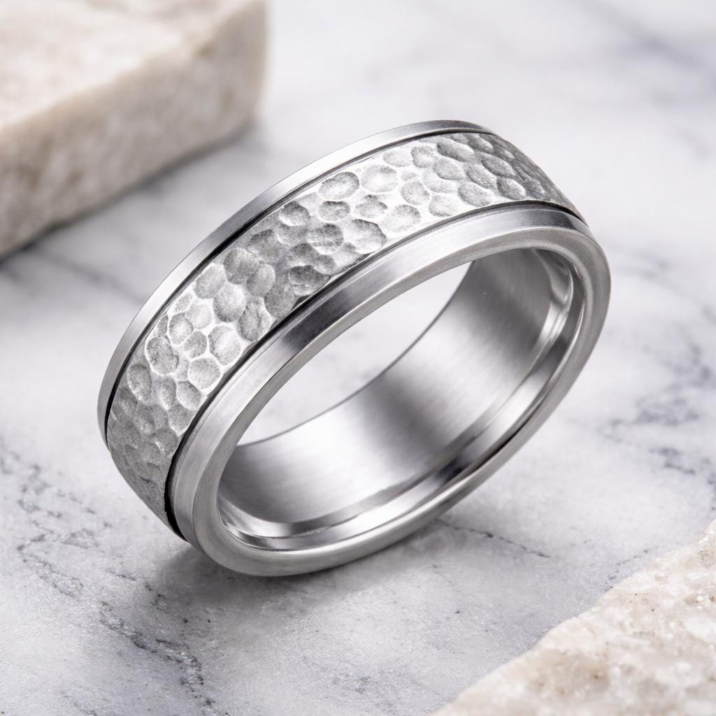 Hammered Silver 925 | Minimal Mens Ring | Rustic Wedding Band | Textured Band