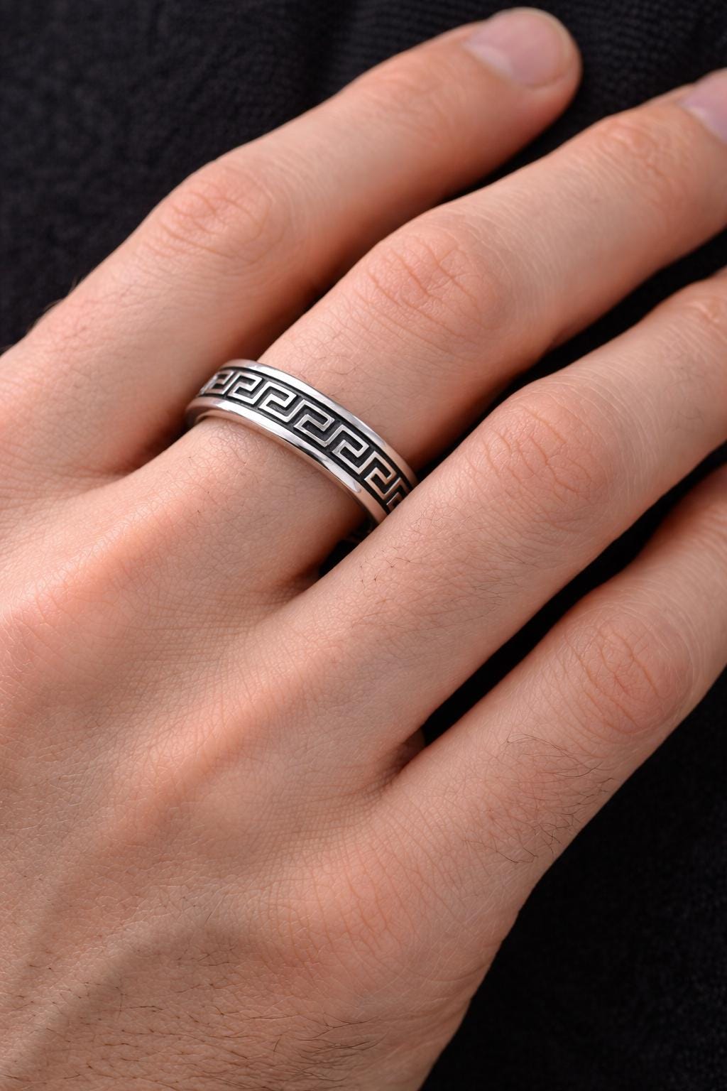 Sterling Silver Greek Key Ring | Unisex Meander Band