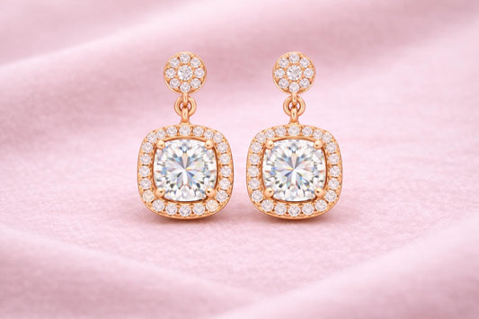 CZ Halo Drop Earrings 925 Silver | Cushion Cut Dangle | Bridal Earrings | Gift for Her