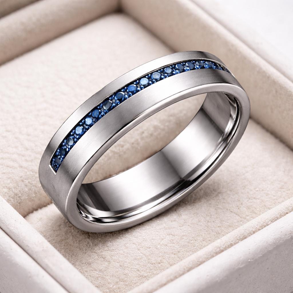 Blue CZ Silver 925 | Mens Wedding Band | Matte Silver | Channel Set Ring