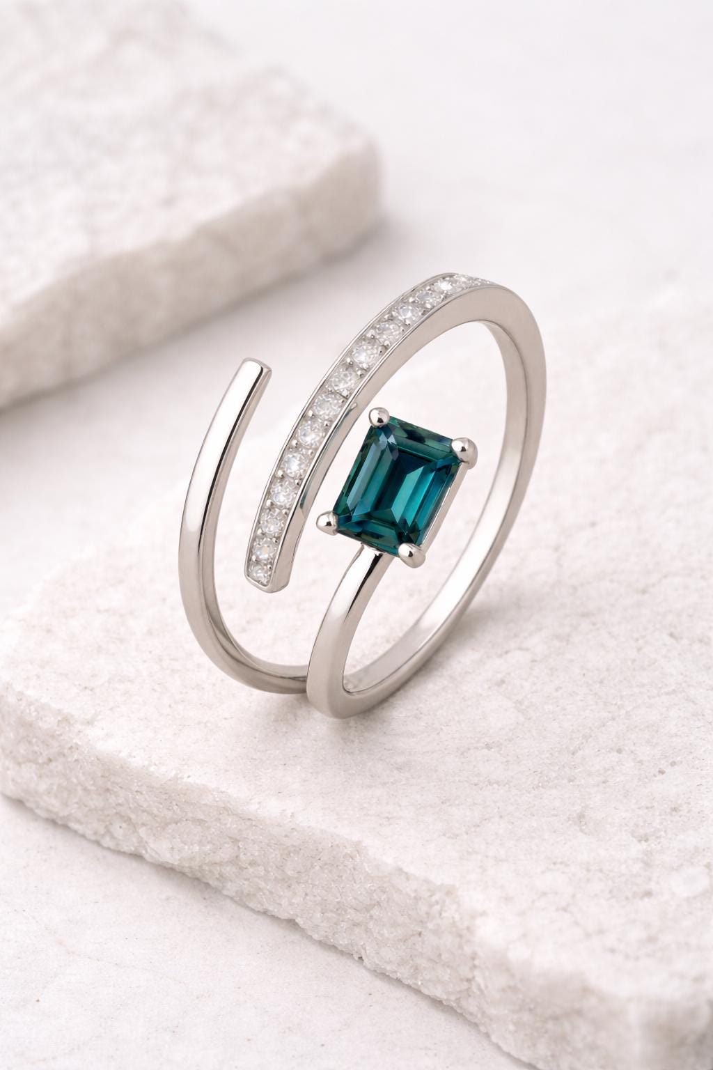Emerald Cut London Blue Topaz Ring | Sterling Silver Open Bypass Design
