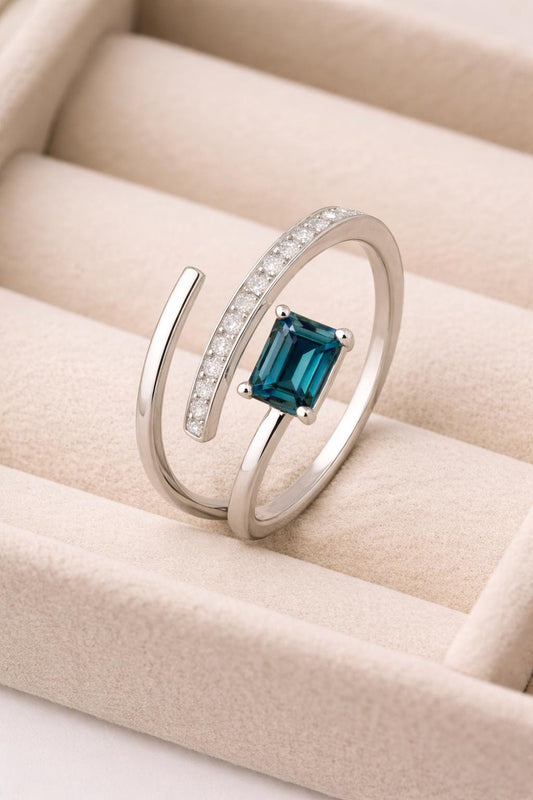 Emerald Cut London Blue Topaz Ring | Sterling Silver Open Bypass Design