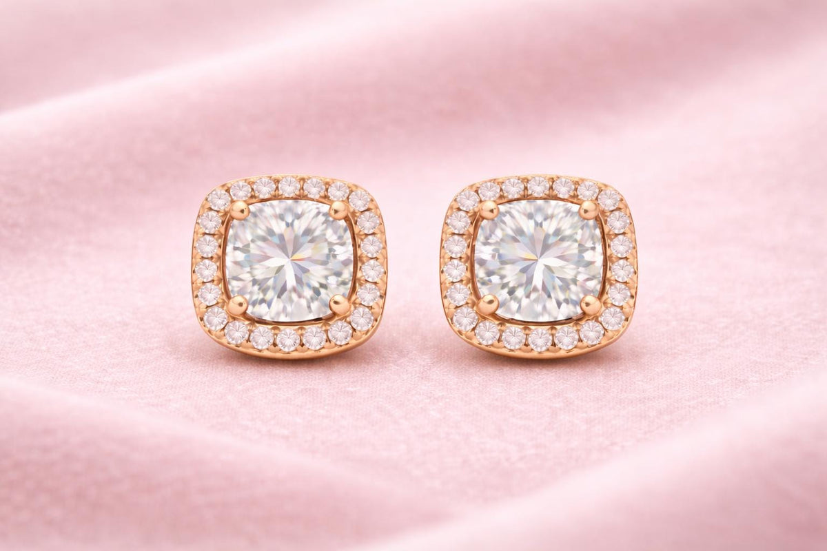CZ Stud Earrings 925 Silver | Cushion Halo Earrings | Minimal Diamond Look Studs |