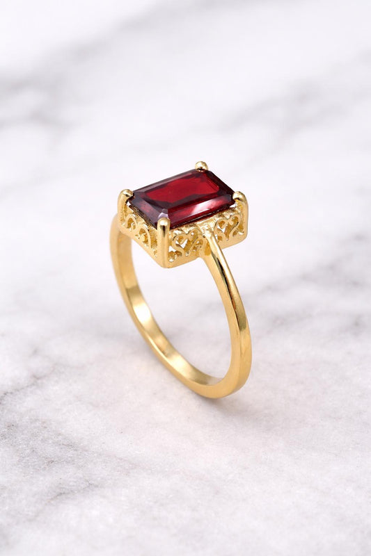 925 Silver Red Garnet Ring | Emerald Cut Statement | Dainty Gemstone Jewelry | Gift for Her