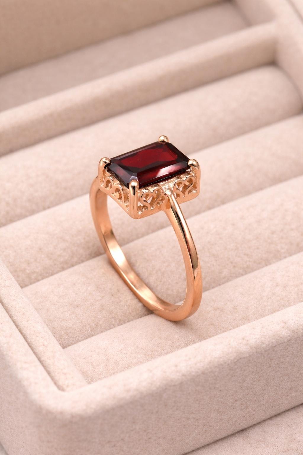 925 Silver Red Garnet Ring | Emerald Cut Statement | Dainty Gemstone Jewelry | Gift for Her