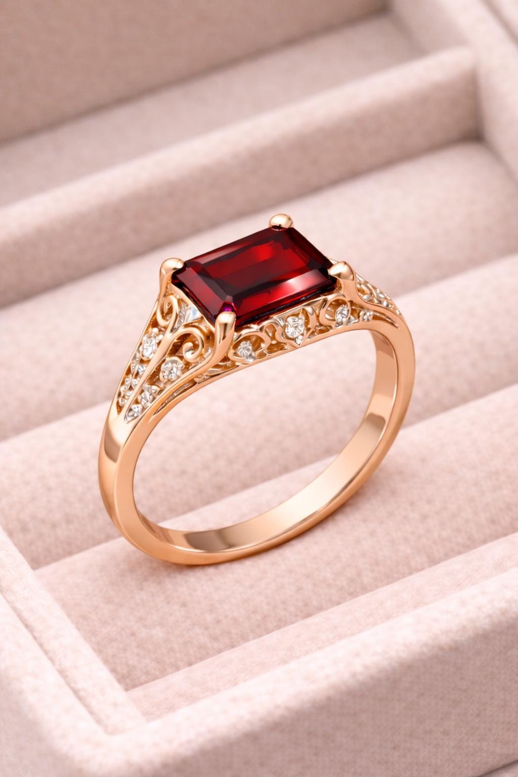 925 Silver Red Garnet | Emerald Cut | Filigree Ring | Dainty Statement Ring | Gift for Her