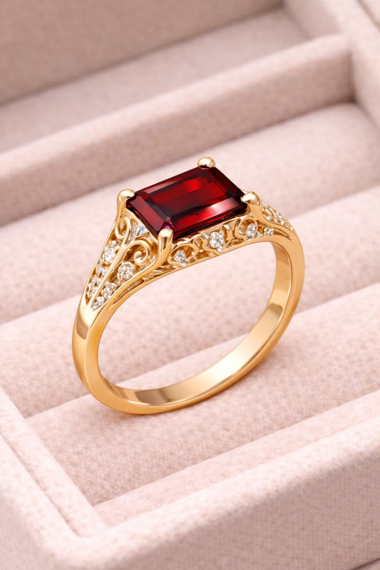 925 Silver Red Garnet | Emerald Cut | Filigree Ring | Dainty Statement Ring | Gift for Her