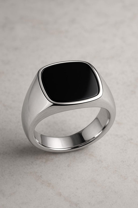 925 Silver Black Onyx Signet Ring | Minimal Mens Ring | Cushion shape design