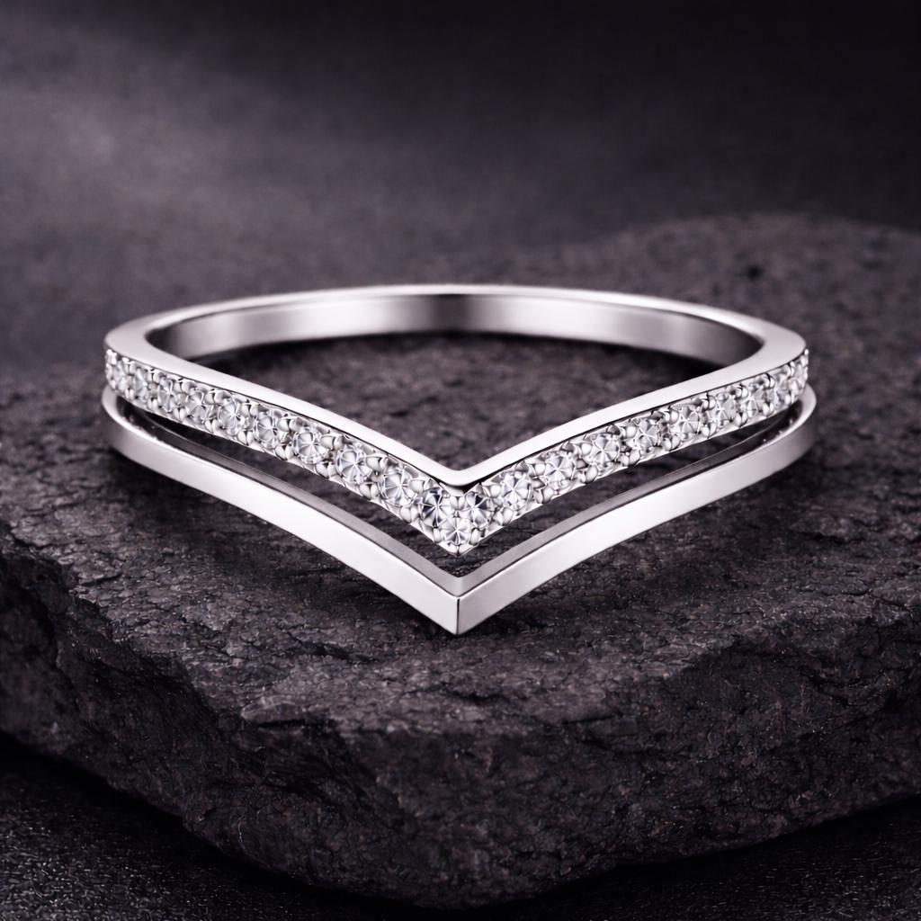 CZ Chevron Ring 925 Silver | Double V Stacking Band | Minimal Wedding Ring | Promise Gift