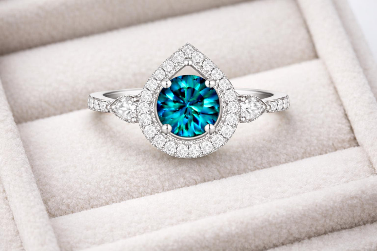 London Blue Topaz Ring | Pear Halo, 925 Sterling Silver