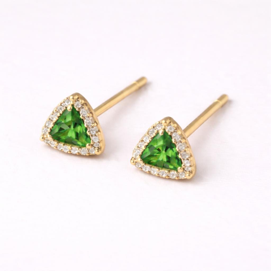 Green CZ Triangle Studs 925 Silver | Halo Stud | Minimal Silver Earring
