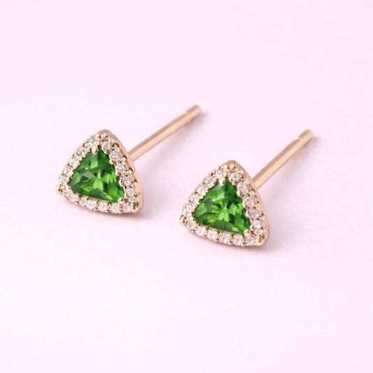 Green CZ Triangle Studs 925 Silver | Halo Stud | Minimal Silver Earring