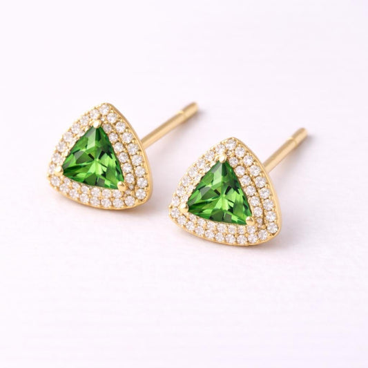 Green CZ Triangle Stud Earrings 925 Silver | Halo Studs | Minimal Earrings