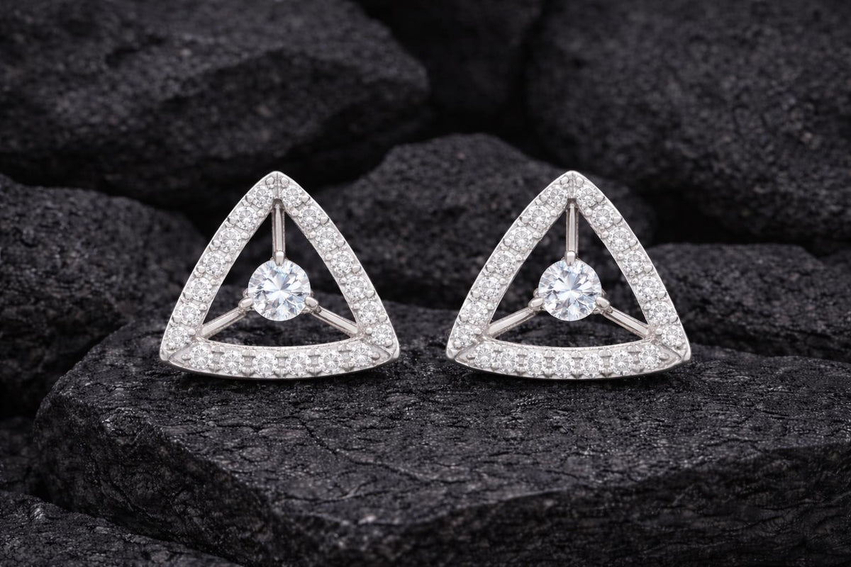 Triangle CZ Stud Earrings 925 Silver | Geometric Halo Studs | Minimal Earrings | Dainty Diamond Look