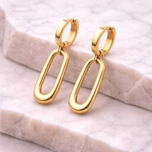 925 Silver Oval Drop Hoop Earrings | Minimal Paperclip Dangle Huggie Hoops |