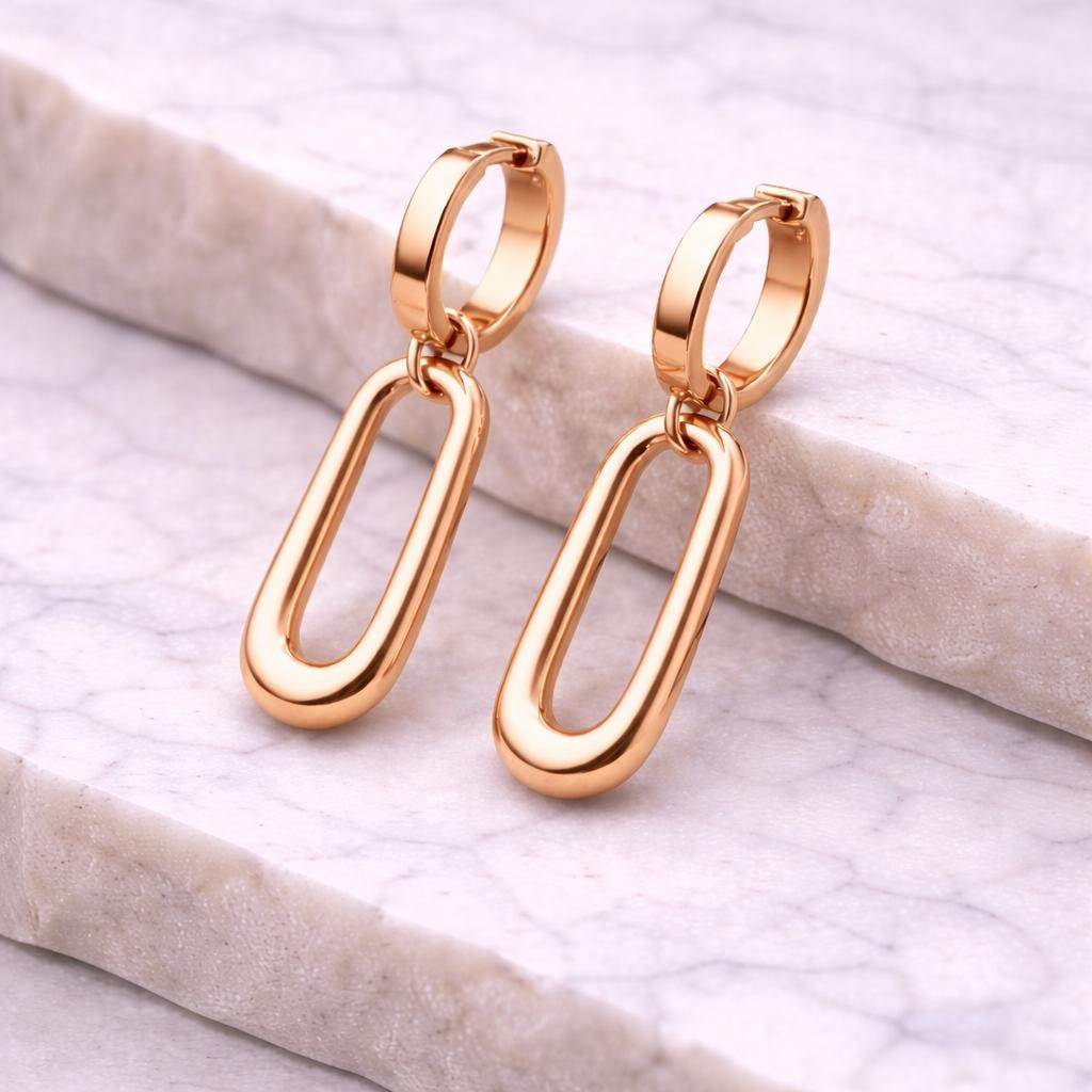 925 Silver Oval Drop Hoop Earrings | Minimal Paperclip Dangle Huggie Hoops |