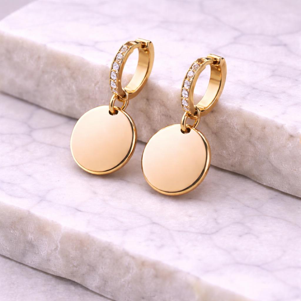 925 Silver Disc Drop Earrings | CZ Hoop Dangle | Minimal Engraving Coin Earrings