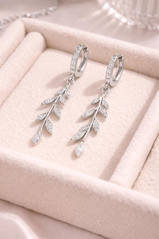 925 Silver Leaf Drop Earrings | CZ Huggie Hoop | Nature Inspired Dangle Earrings