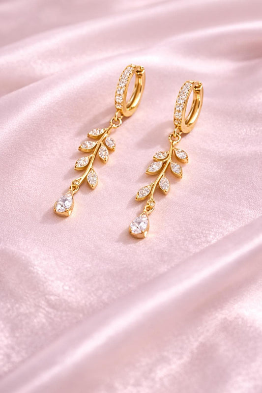 925 Silver Leaf Drop Earrings | CZ Vine Dangle Hoop | Elegant Sterling Silver Jewelry |