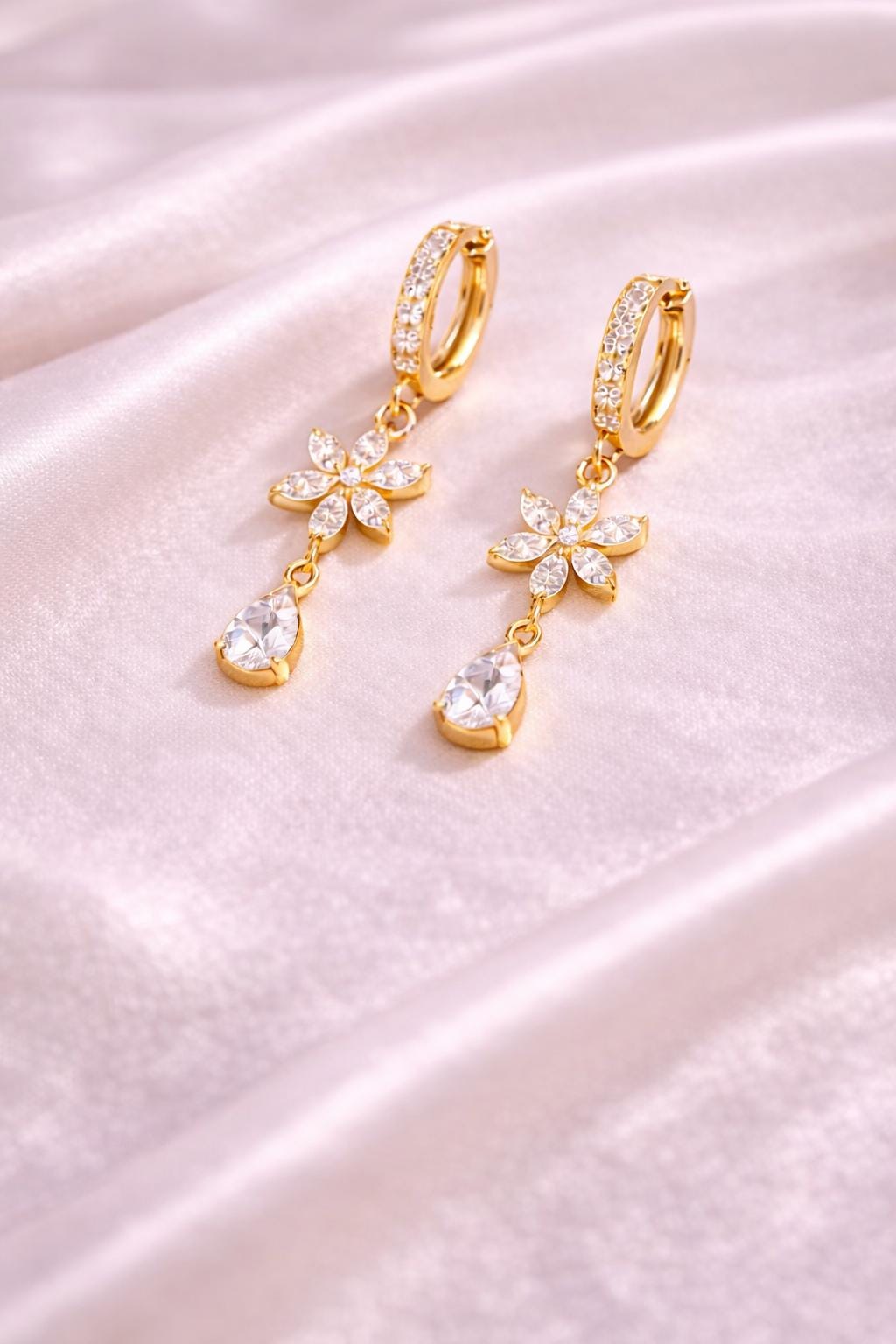 925 Silver Floral Drop Earrings | CZ Flower Dangle Hoop | Elegant Sterling Silver Jewelry |