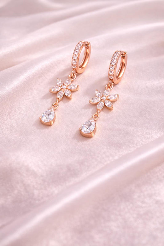 925 Silver Floral Drop Earrings | CZ Flower Dangle Hoop | Elegant Sterling Silver Jewelry |