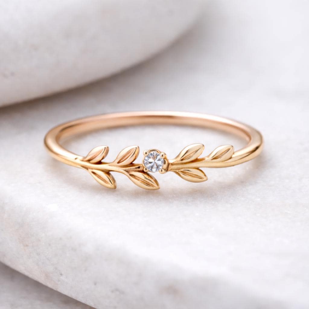 Sterling Silver Olive Leaf Ring | CZ Nature Band