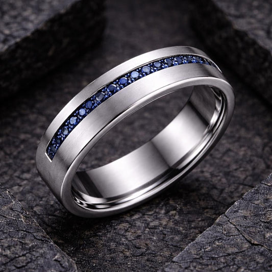 Blue CZ Silver 925 | Mens Wedding Band | Matte Silver | Channel Set Ring