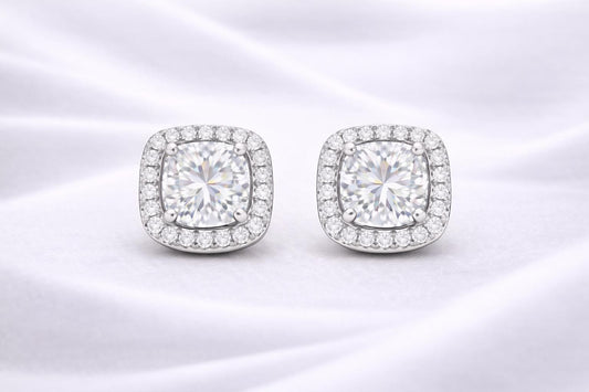 CZ Stud Earrings 925 Silver | Cushion Halo Earrings | Minimal Diamond Look Studs |
