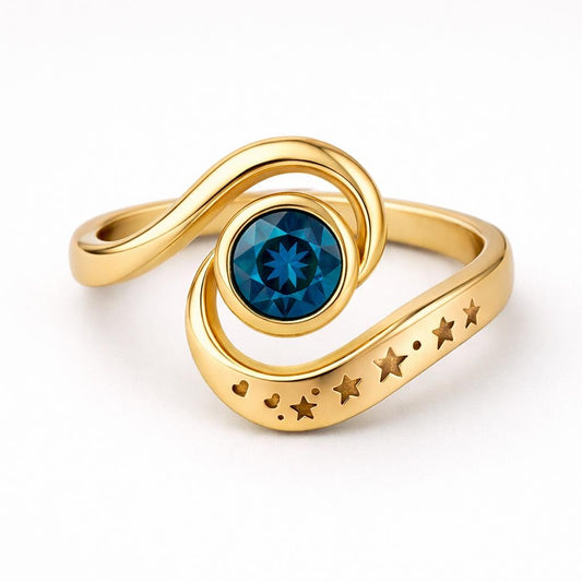 London Blue Topaz Celestial Ring: Sterling Silver Spiral Star Band