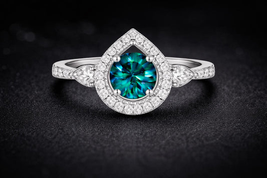 London Blue Topaz Ring | Pear Halo, 925 Sterling Silver