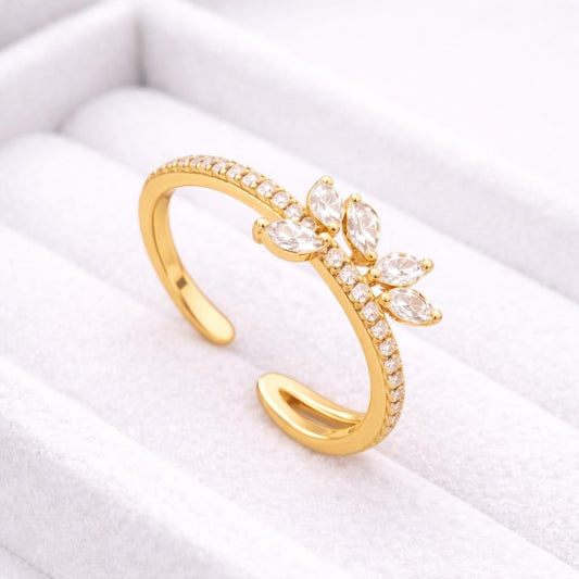 CZ Silver Open Ring | 925 Sterling Silver Adjustable Band | Leaf Inspired Sparkle Minimal