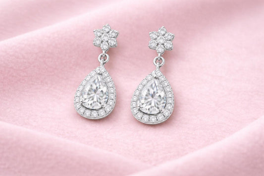 CZ Drop Earrings | Pear Halo Dangle | Cubic Zirconia Bridal Earrings | Sterling Silver Jewelry