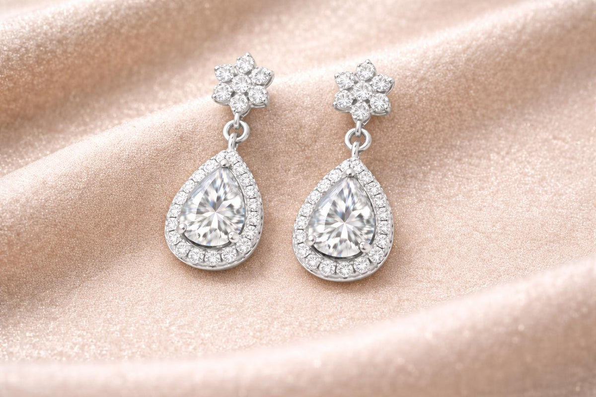 CZ Drop Earrings | Pear Halo Dangle | Cubic Zirconia Bridal Earrings | Sterling Silver Jewelry