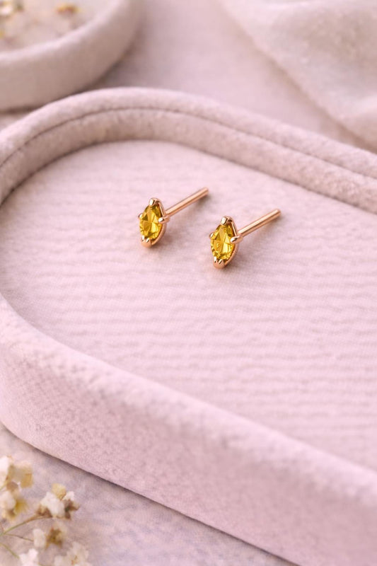 Yellow CZ Stud Earrings | 925 Sterling Silver Marquise Studs | Minimal Dainty Citrine Look Jewelry