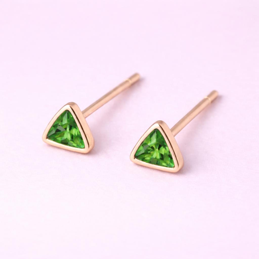 Green CZ Triangle Studs 925 Silver | Minimal Geometric | Sterling Silver Stud Earrings