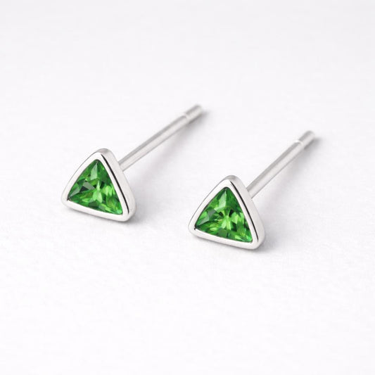 Green CZ Triangle Studs 925 Silver | Minimal Geometric | Sterling Silver Stud Earrings