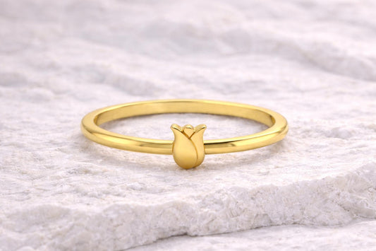 Dainty Sterling Silver Tulip Ring, Minimal Floral Band