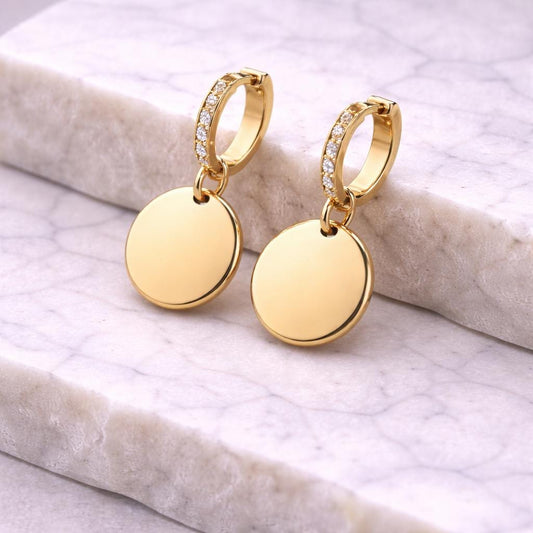 925 Silver Disc Drop Earrings | CZ Hoop Dangle | Minimal Engraving Coin Earrings