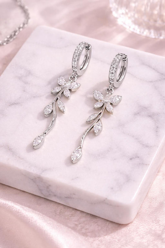 925 Silver Floral Drop Earrings | CZ Vine Dangle Hoop | Elegant Nature Silver