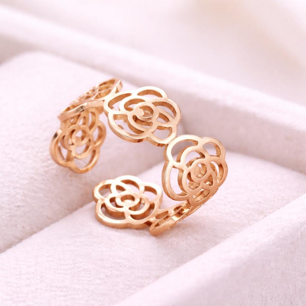 925 Silver Rose Flower Ring Open Floral Adjustable Minimal Jewelry