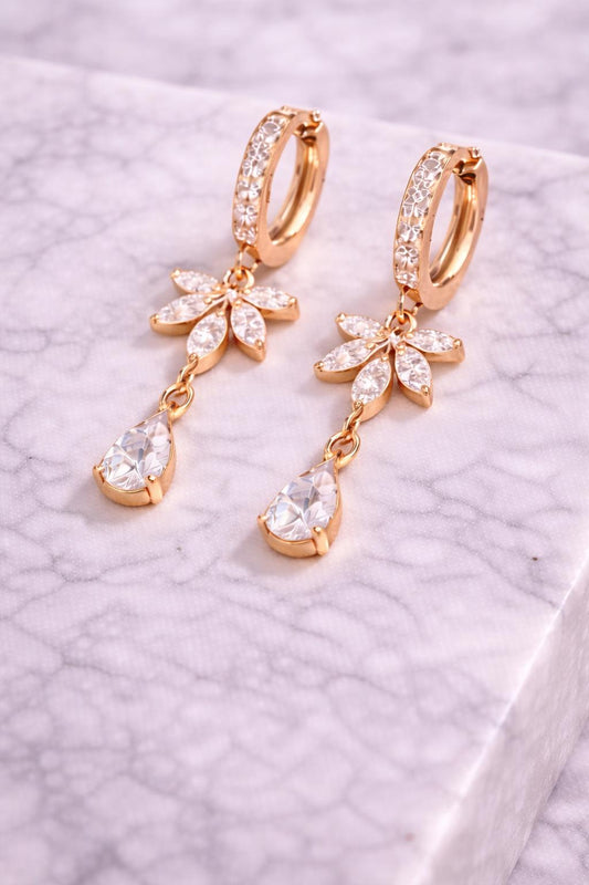 925 Silver Floral Drop Earrings | CZ Teardrop Dangle Hoop | Elegant Sterling Silver Jewelry |