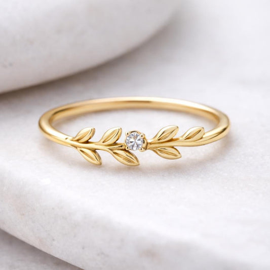 Sterling Silver Olive Leaf Ring | CZ Nature Band