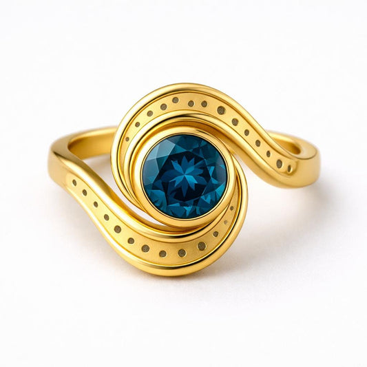 London Blue Topaz Ring 925 | Silver Spiral Swirl Band | Unique Bezel Set Statement Jewelry