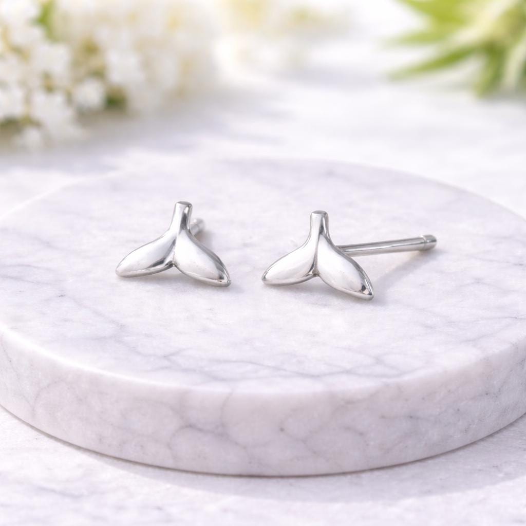 Sterling Silver Whale Tail Stud Earrings, Minimalist Ocean Jewelry