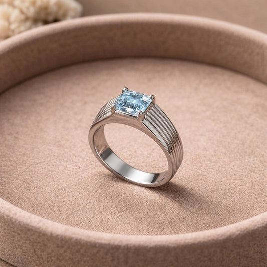 925 Sterling Silver Aquamarine CZ Ring Square Cut Minimal Band
