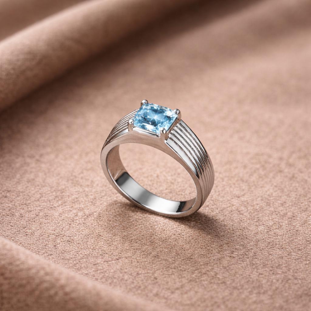 925 Sterling Silver Aquamarine CZ Ring Square Cut Minimal Band