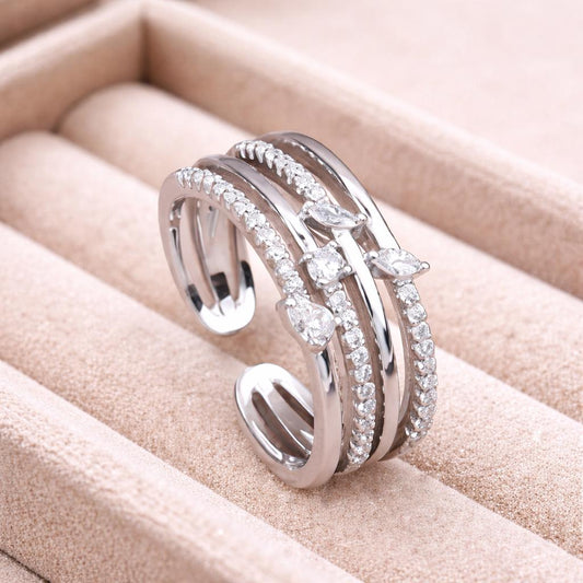 CZ Silver Open Ring | 925 Sterling Silver Adjustable Band | Minimal Sparkle Modern Handmade Jewelry