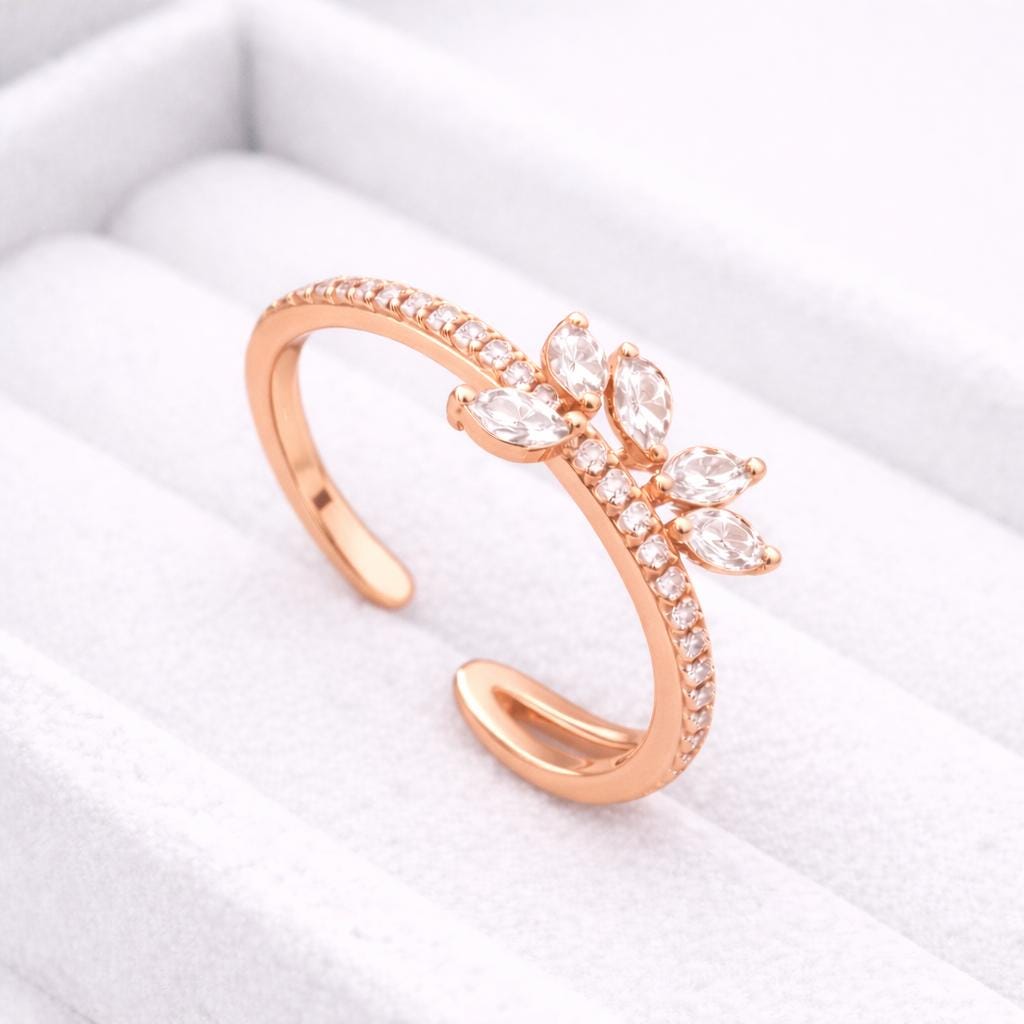 CZ Silver Open Ring | 925 Sterling Silver Adjustable Band | Leaf Inspired Sparkle Minimal