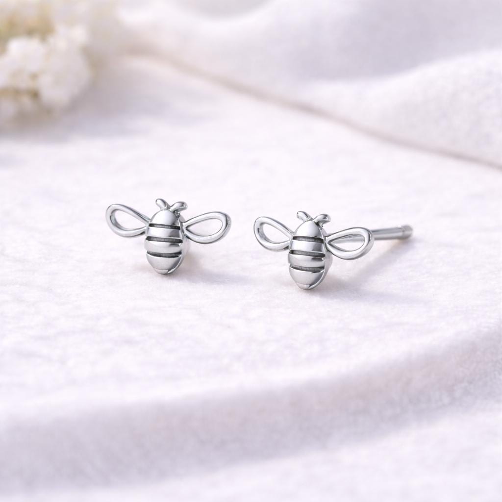 925 Silver Bee Stud Earrings Minimal Silver Studs Gift