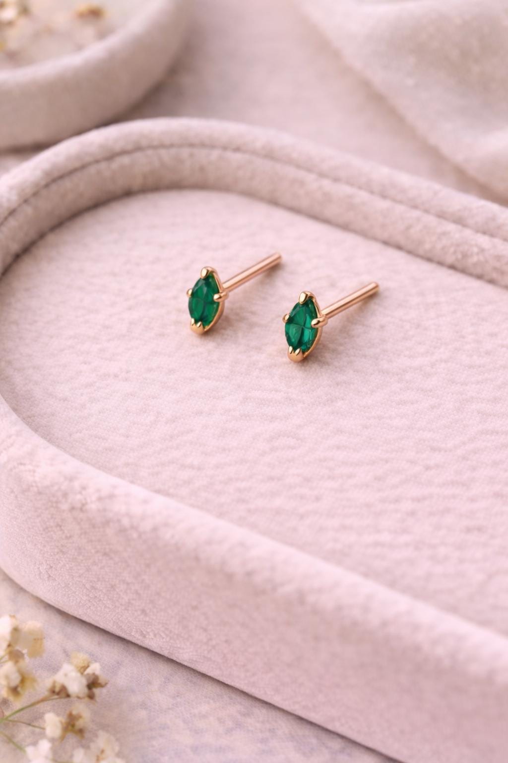 Green CZ Stud Earrings | 925 Sterling Silver Marquise Studs | Minimal Dainty Emerald Look Jewelry
